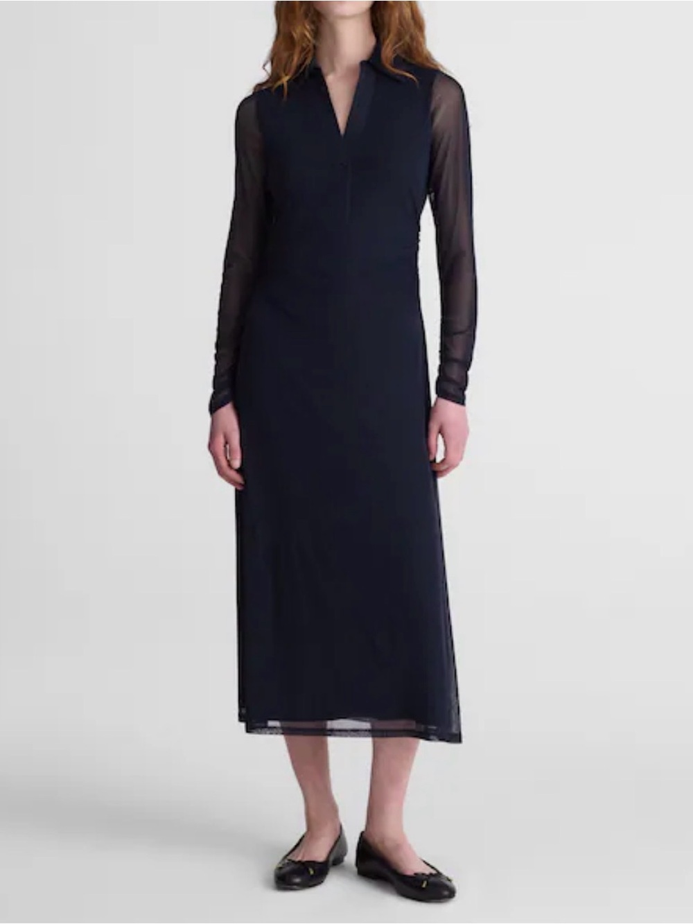 Madewell Black Sheer-Sleeve Collared Midi Dress